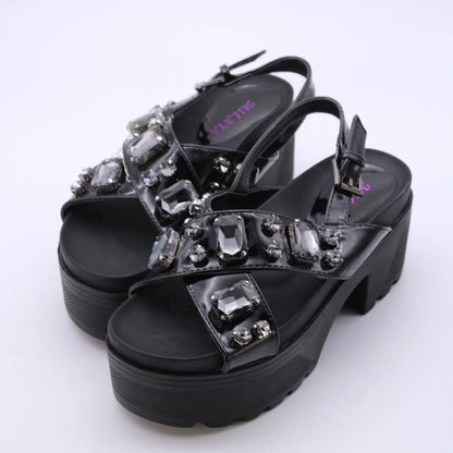 Somailia Footwear, Crossed Sandal with Platform and Heel. Sandals with Stones Summer 2022, Shiny Sandals with Jewelry, Young Fashion, Comfortable Footwear