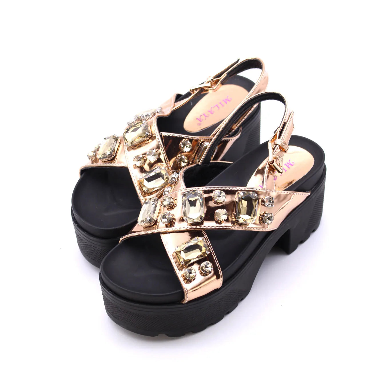 Somailia Footwear, Crossed Sandal with Platform and Heel. Sandals with Stones Summer 2022, Shiny Sandals with Jewelry, Young Fashion, Comfortable Footwear