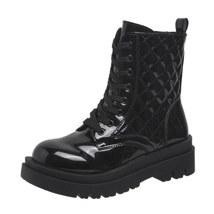 Lace-up Thick-heeled Boots Winter Casual Round Toe Platform Ankle Boots Women Fashion Quilted Pattern Minimalist Motorcycle Shoes - EnigmaParis