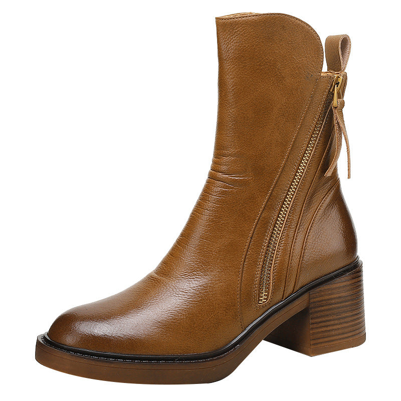 Thick Heel Brown Ankle Boots British Style Handsome.