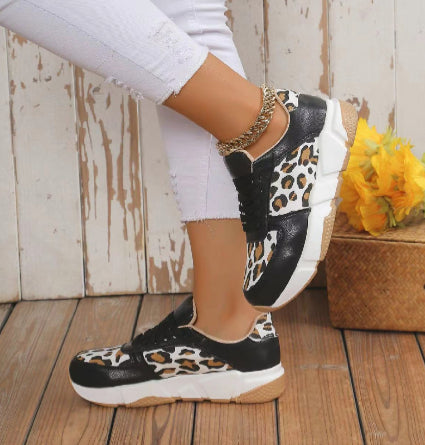 Pumps Female Leopard Print Color Matching Lace Up Casual Sneaker Female.