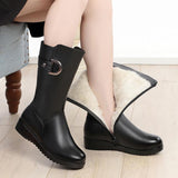 Winter Flat Non-slip Leather Shoes Fleece-lined Thermal Middle Tube Cotton Boots - EnigmaParis
