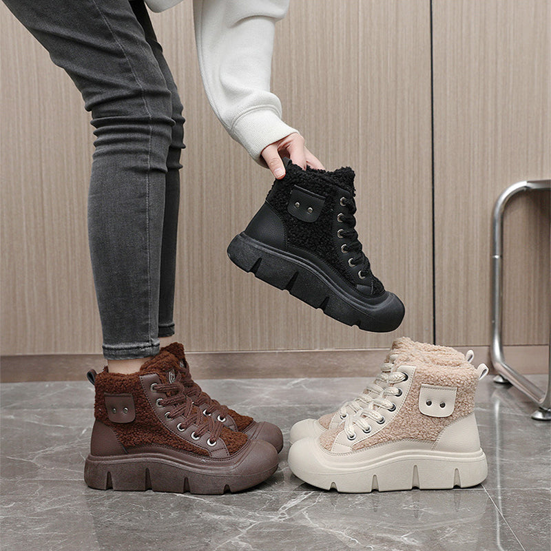 Lace-up High-top Flat Shoes For Women Winter Warm Cashmere Snow Boots Fashion Street Campus Students Height Increasing Shoes - EnigmaParis