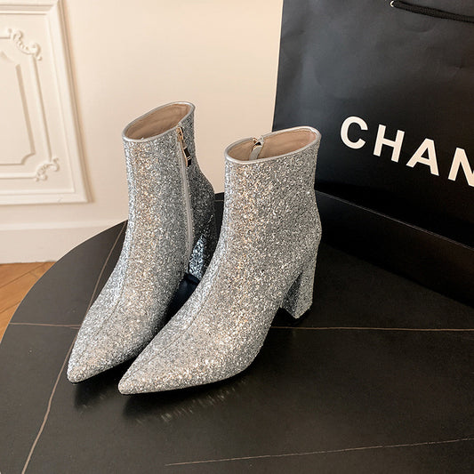 Pointed Toe Chunky Heel Sequined Fashion Women's Boots - EnigmaParis