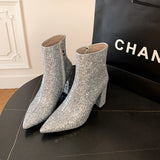 Pointed Toe Chunky Heel Sequined Fashion Women's Boots - EnigmaParis
