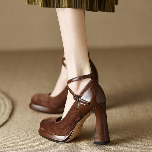Women's Black Chunky Heel Cross Strap High Heels - Versatile Square Toe Design.