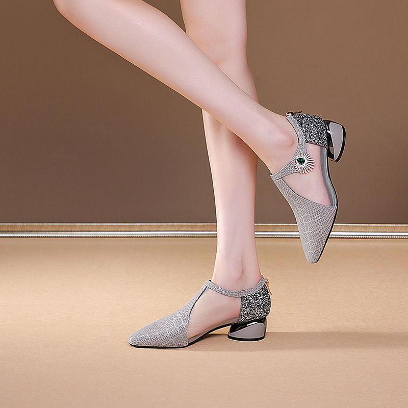 Summer New Thick Heel Pointed Mesh Rhinestone High Heels