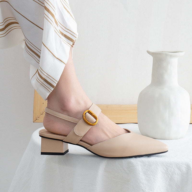 Square Toe Toe Sandals Women's Buckle Metal Buckle Mid-heel Cowhide Back Empty Single Shoes