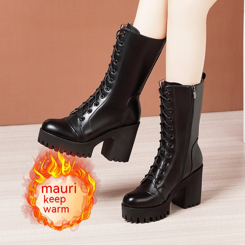 Leather High Heel Mid-calf Boots For Women Lace-up - EnigmaParis