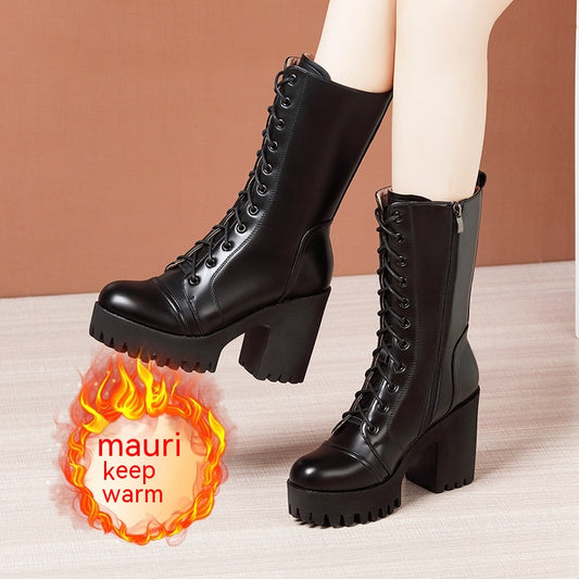 Leather High Heel Mid-calf Boots For Women Lace-up - EnigmaParis