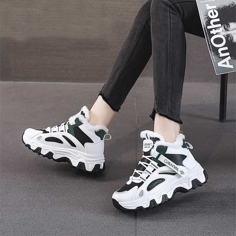 Fashion Black White Lace-up Sneakers Winter Warm All-match Plush Shoes Women Plus Velvet Fleece Flat High-top Sports Shoes - EnigmaParis