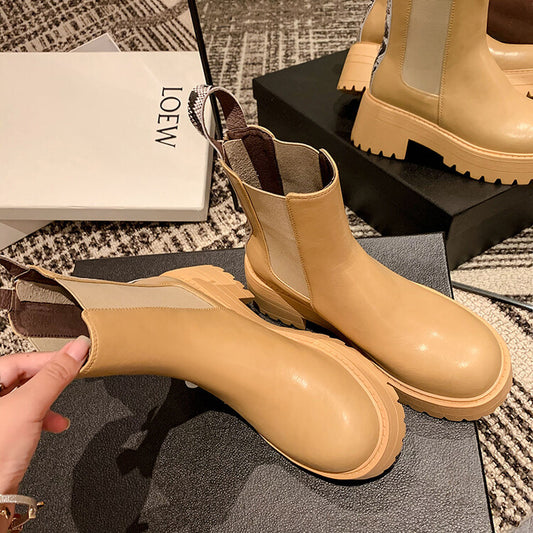 Women's Korean-style Thick High Heel Leather Round Toe Martin Boots - EnigmaParis