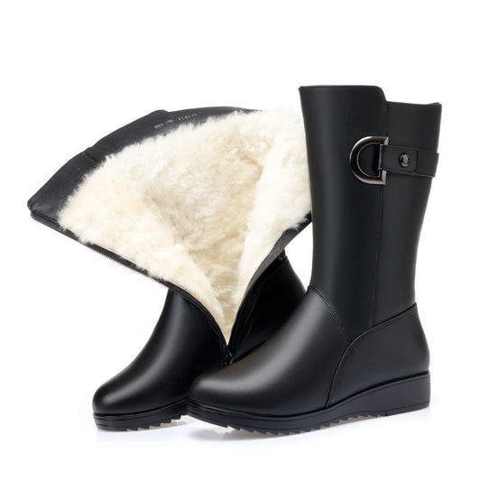 Winter Flat Non-slip Leather Shoes Fleece-lined Thermal Middle Tube Cotton Boots - EnigmaParis