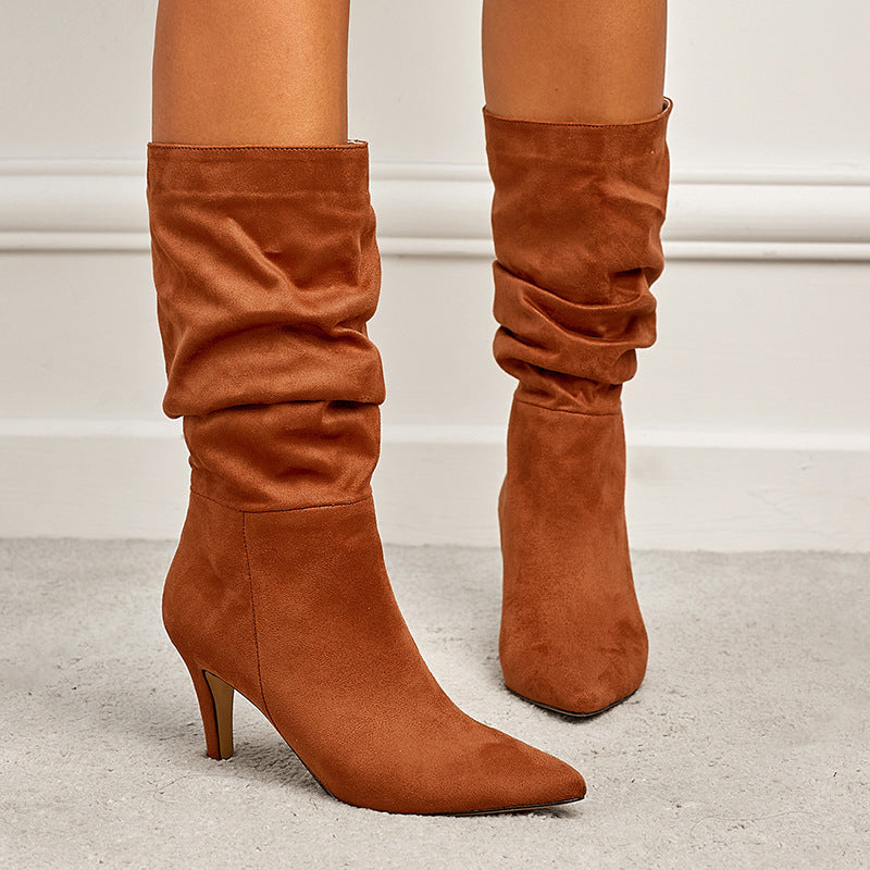 Women's Plus Size Wrinkled Suede Stiletto Heel Boots - EnigmaParis