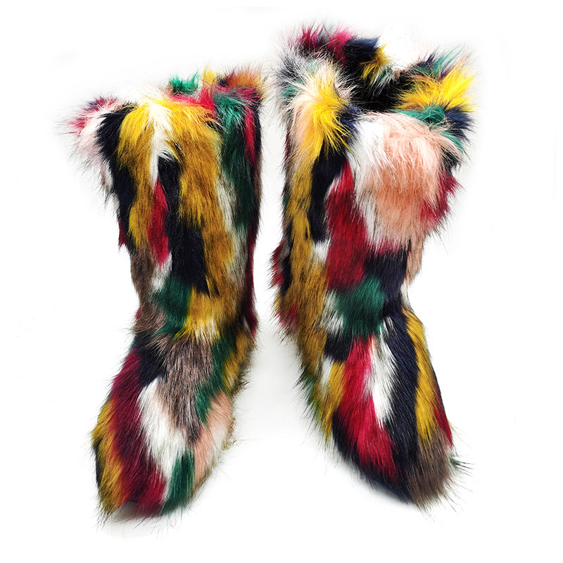 Women's Plush Snow Boots Plus Size Color Flat Women's Mid Boots - EnigmaParis