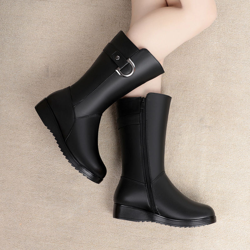 Winter Flat Non-slip Leather Shoes Fleece-lined Thermal Middle Tube Cotton Boots - EnigmaParis