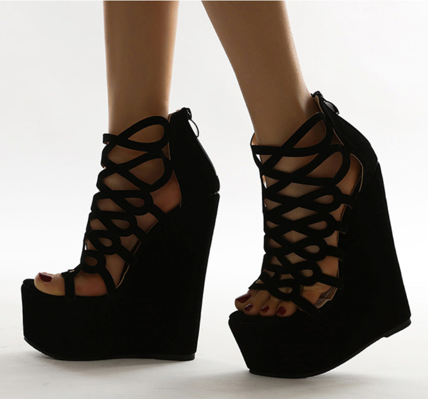 New Women's Shoes Hollow Wedge Heel Suede Toe Roman Sandals