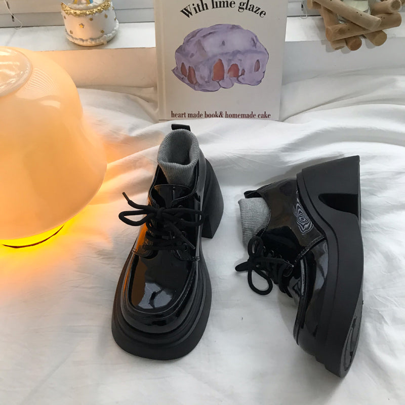Thick High Heels With Lace Up Small Leather Shoes, Women's British Style Black Versatile High Rise Single Shoes - EnigmaParis