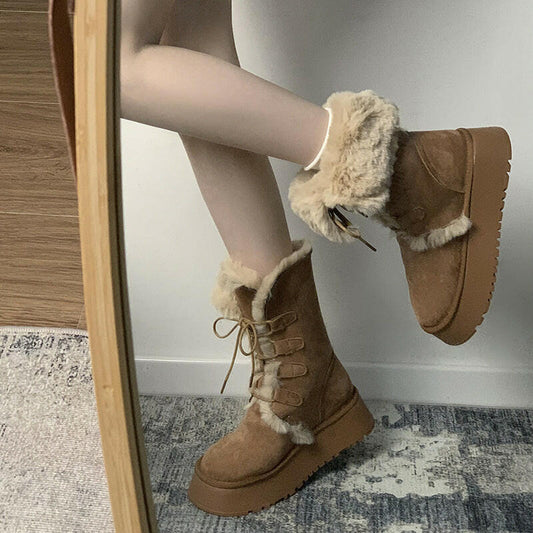 Women's Fashion Brown Warm Slugged Bottom Snow Boots.