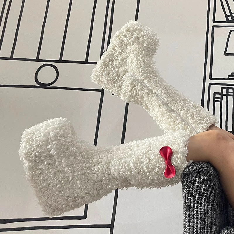 Bow Thick Bottom Lamb Wool Boots Women - EnigmaParis