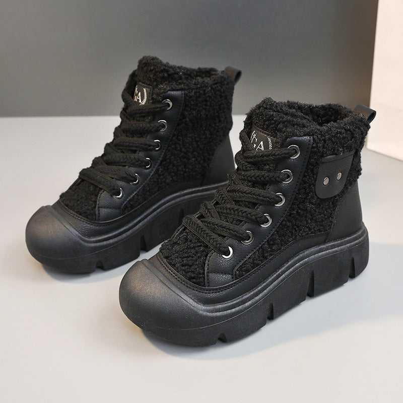 Lace-up High-top Flat Shoes For Women Winter Warm Cashmere Snow Boots Fashion Street Campus Students Height Increasing Shoes - EnigmaParis