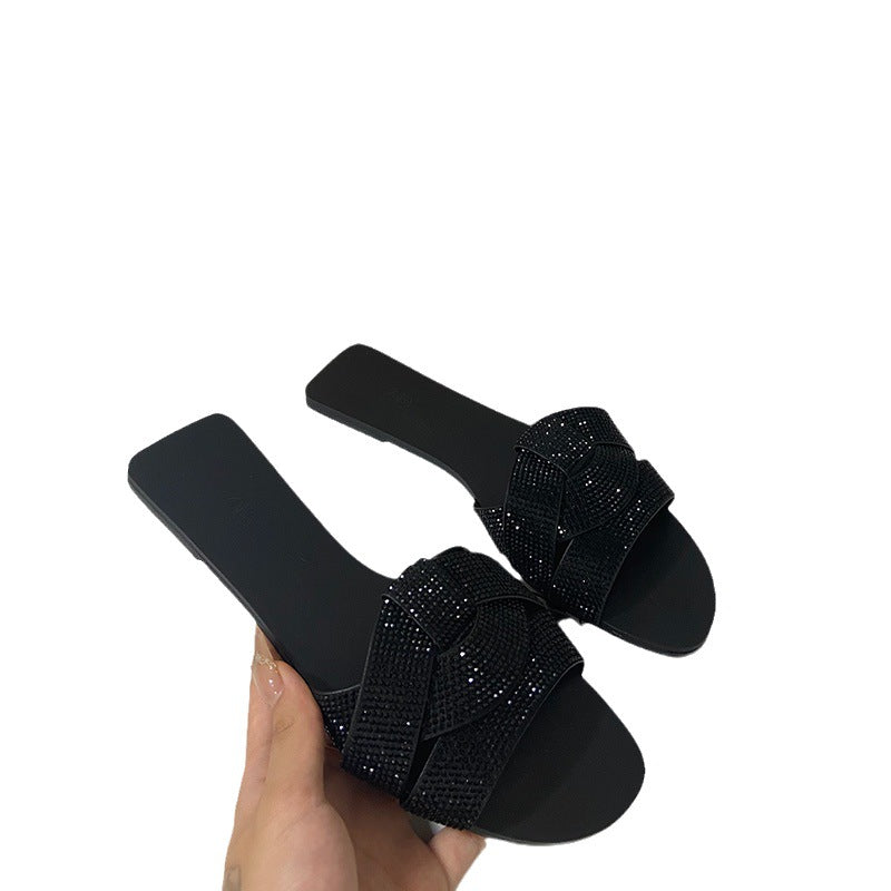 Stylish Rhinestone Flat Sandals: Open Toe, Perfect for Beach Wear - EnigmaParis