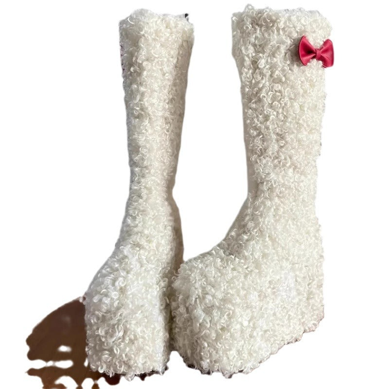 Bow Thick Bottom Lamb Wool Boots Women - EnigmaParis