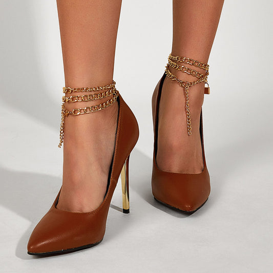 Women's Metal Chain Low-top Stiletto Heels - Elegant Pointed High Heel Shoes.