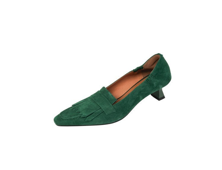Simple Small Square Toe Tassel Retro Chunky Heel Women's Shoes