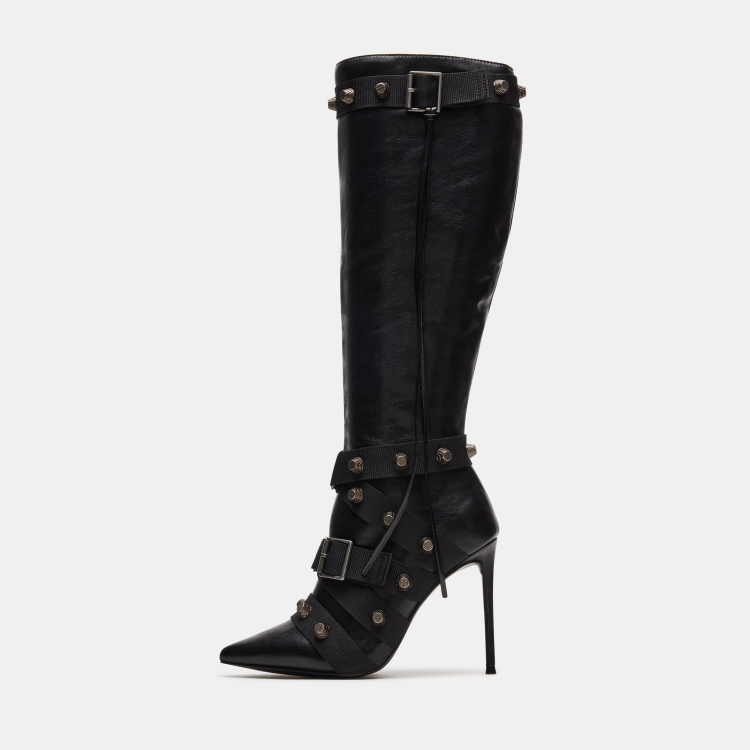 Metal Leathern Pointed Stiletto Heel High Leg Boot Rivet - EnigmaParis