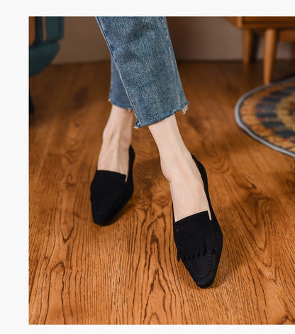 Simple Small Square Toe Tassel Retro Chunky Heel Women's Shoes