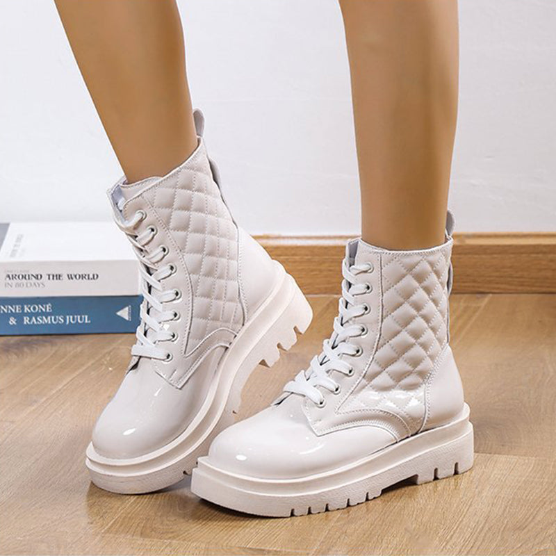 Lace-up Thick-heeled Boots Winter Casual Round Toe Platform Ankle Boots Women Fashion Quilted Pattern Minimalist Motorcycle Shoes - EnigmaParis