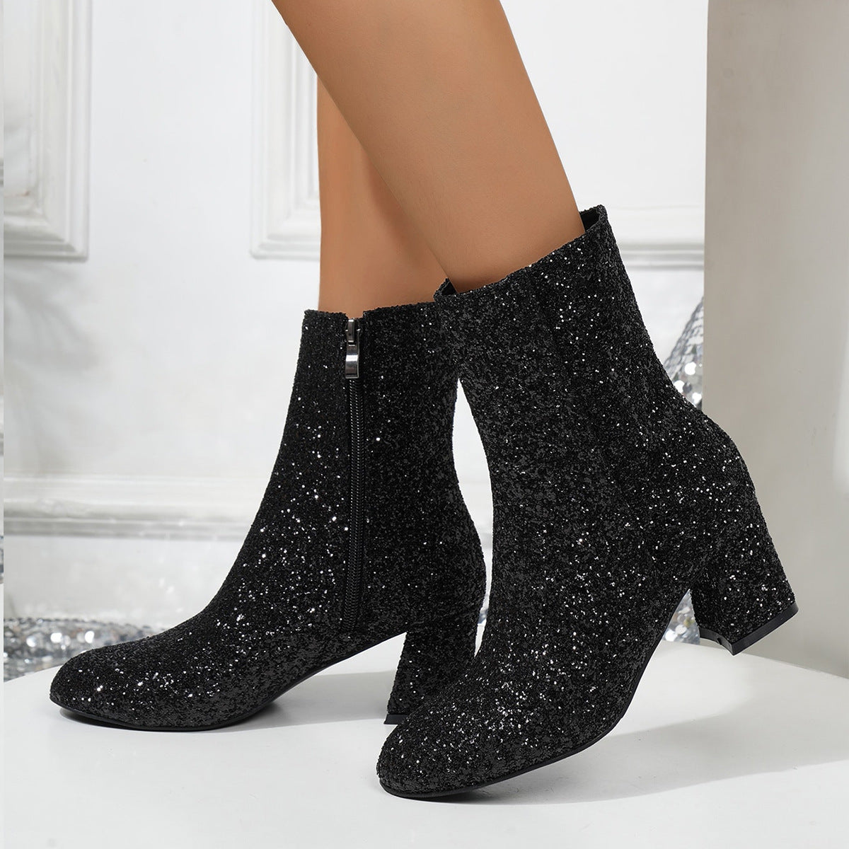 New Fashion Sequin Boots For Women Square Heel Side Zipper Shoes Lady Street Party Evening Boots Winter Autumn Spring - EnigmaParis
