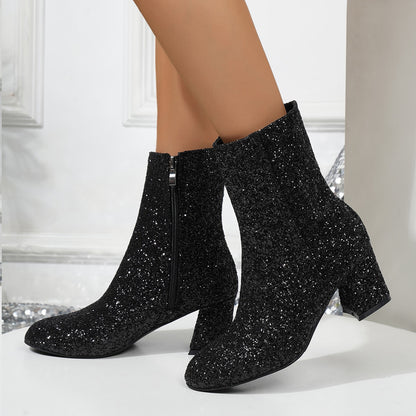 New Fashion Sequin Boots For Women Square Heel Side Zipper Shoes Lady Street Party Evening Boots Winter Autumn Spring - EnigmaParis