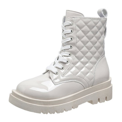 Lace-up Thick-heeled Boots Winter Casual Round Toe Platform Ankle Boots Women Fashion Quilted Pattern Minimalist Motorcycle Shoes - EnigmaParis