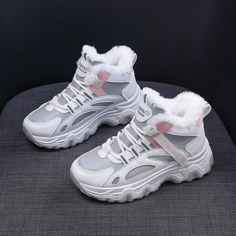 Fashion Black White Lace-up Sneakers Winter Warm All-match Plush Shoes Women Plus Velvet Fleece Flat High-top Sports Shoes - EnigmaParis
