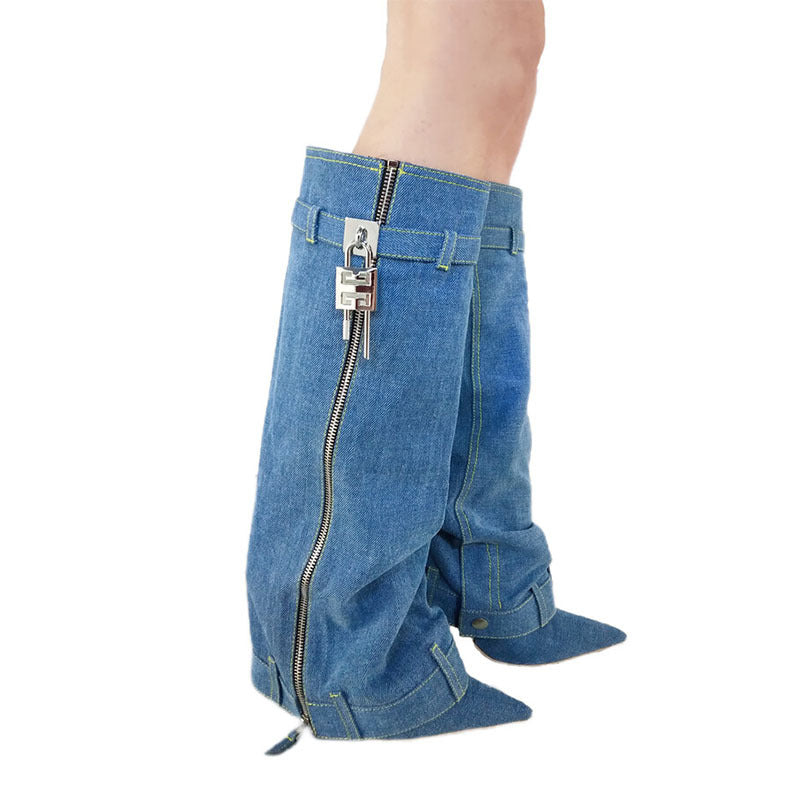 Pointed Female Fashion Metal Buckle Flanging Zipper Casual High Leg Boot - EnigmaParis