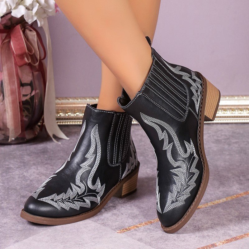 Women's Martin Vintage Pointed Toe Chunky Heel Embroidered Ankle Boots.