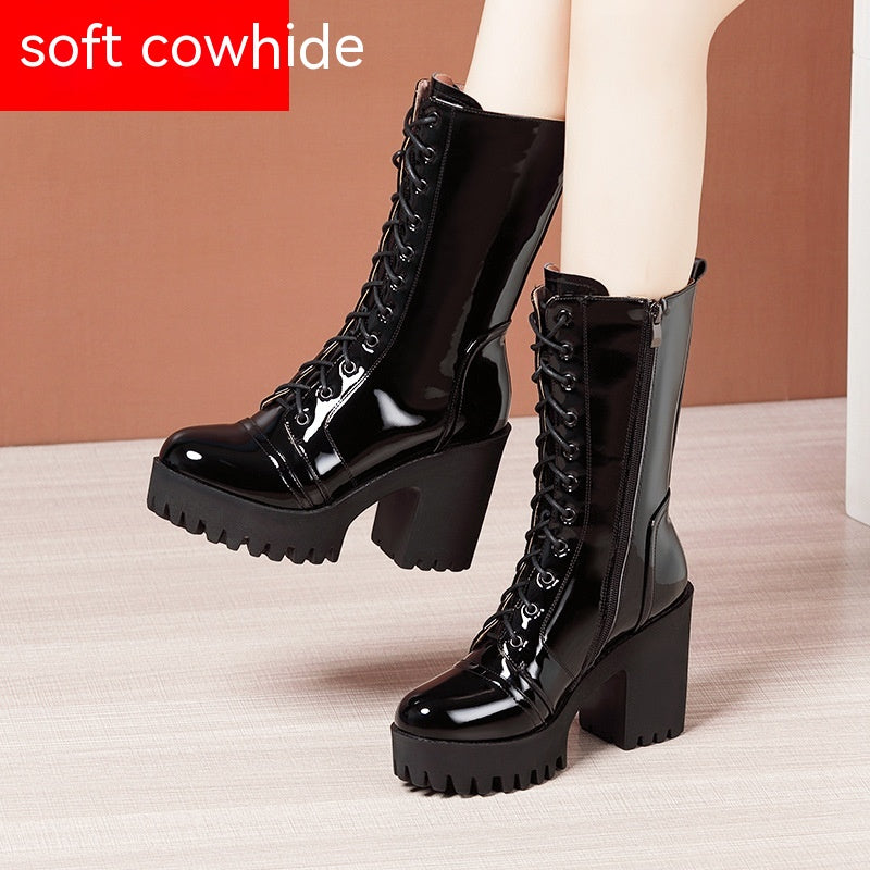Leather High Heel Mid-calf Boots For Women Lace-up - EnigmaParis