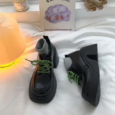 Thick High Heels With Lace Up Small Leather Shoes, Women's British Style Black Versatile High Rise Single Shoes - EnigmaParis