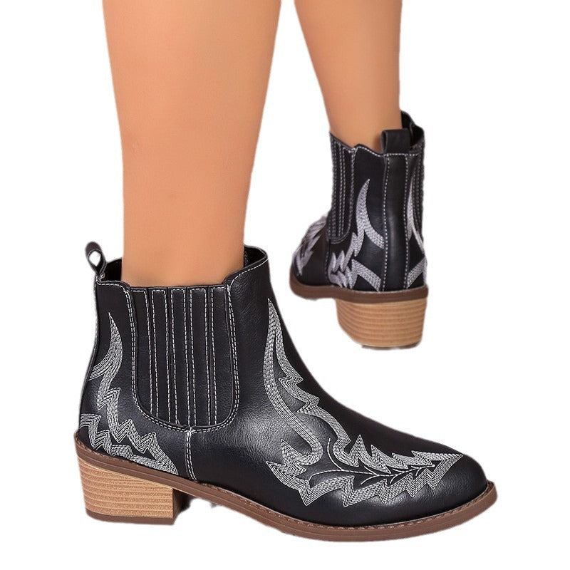 Women's Martin Vintage Pointed Toe Chunky Heel Embroidered Ankle Boots.