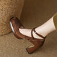 Women's Black Chunky Heel Cross Strap High Heels - Versatile Square Toe Design.