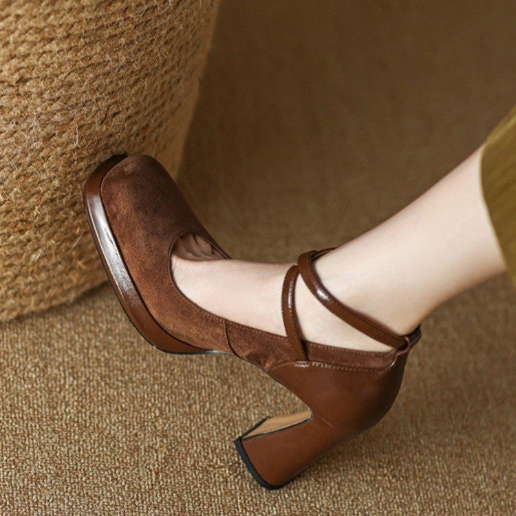 Women's Black Chunky Heel Cross Strap High Heels - Versatile Square Toe Design.