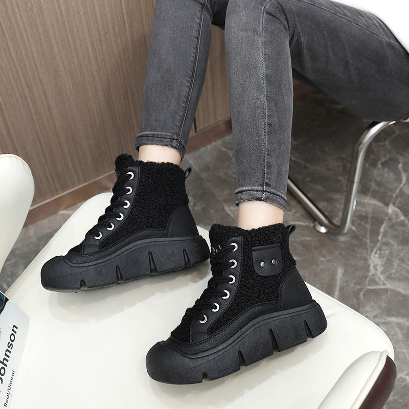 Lace-up High-top Flat Shoes For Women Winter Warm Cashmere Snow Boots Fashion Street Campus Students Height Increasing Shoes - EnigmaParis