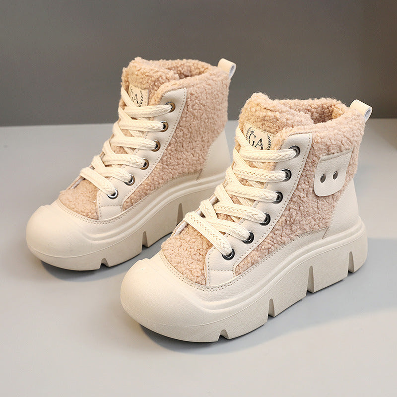 Lace-up High-top Flat Shoes For Women Winter Warm Cashmere Snow Boots Fashion Street Campus Students Height Increasing Shoes - EnigmaParis