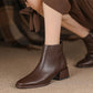 Simple All-match Soft Cowhide Boots Autumn And Winter New Thick Mid Heel Round Toe Brown Ankle Boots For Women