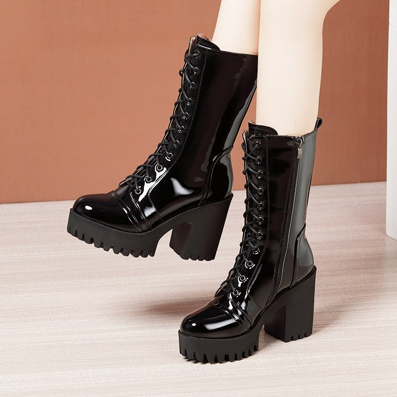 Leather High Heel Mid-calf Boots For Women Lace-up - EnigmaParis