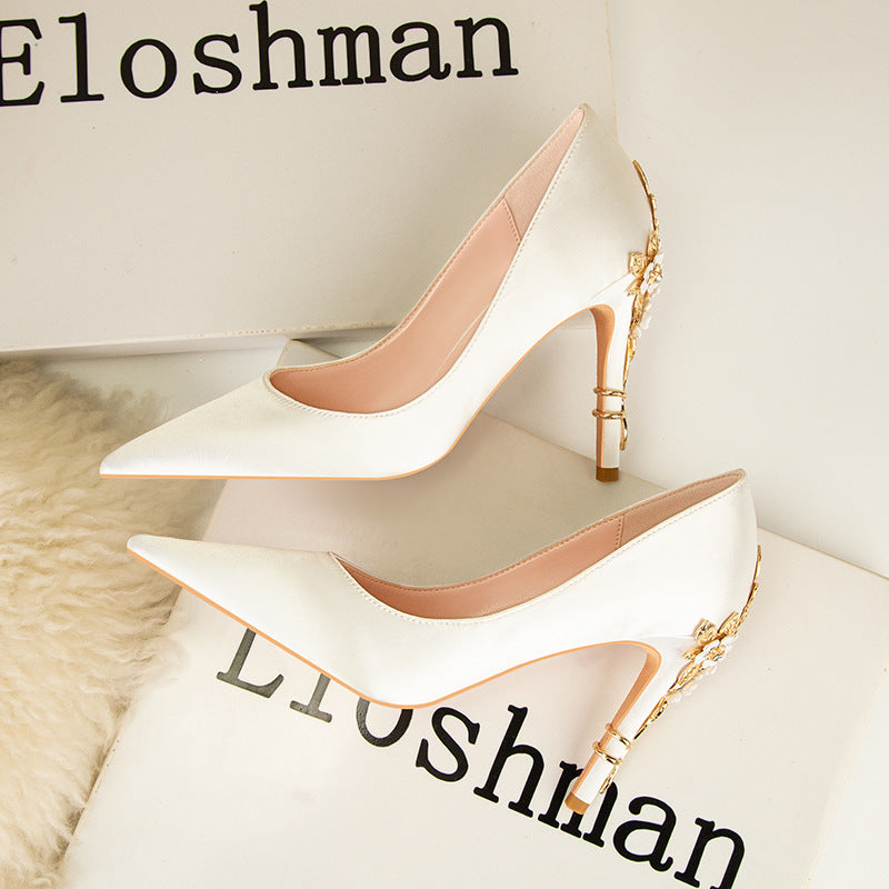 Women's Fashion Fashion Flower Stiletto High Heel Pointed Toe Satin Shoes