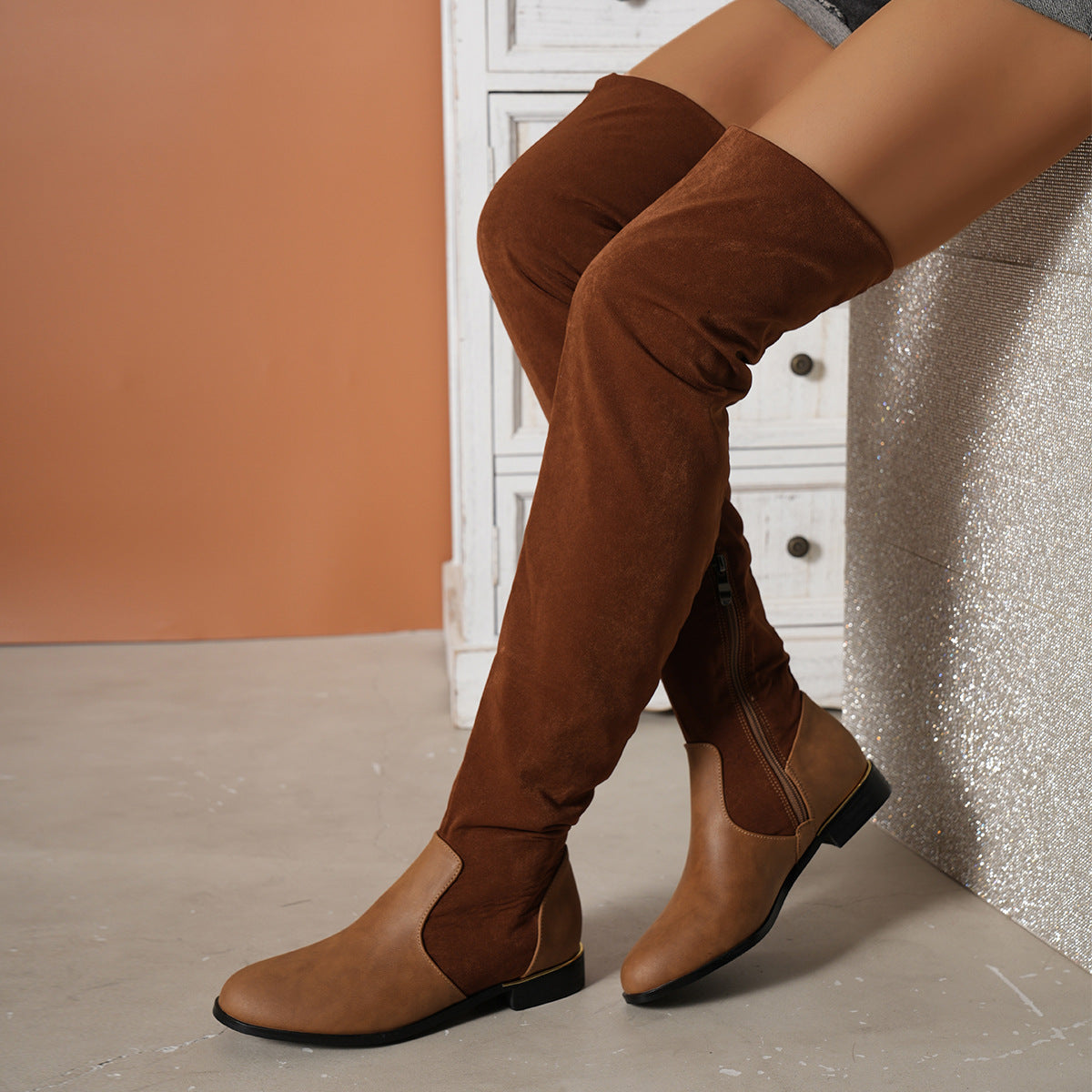 Fashion Over-the-knee Boots For Women Suede Stitching Low-heeled Long Boots With Side Zipper Design Party Shoes Winter - EnigmaParis