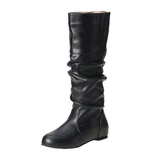 Women's High Cylinder Flat Boots - Round Toe Slip-on Slimming Footwear.